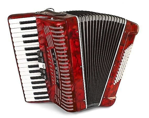 Acordeón de piano básico Hohner 1305-Red de 72 bajos en rojo perlado con funda y correas